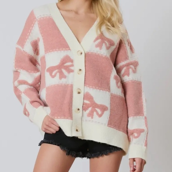 Jane Bow Check Sweater ✨ 3D Bow and Square Pattern Oversized Cardigan - Picture 7 of 8
